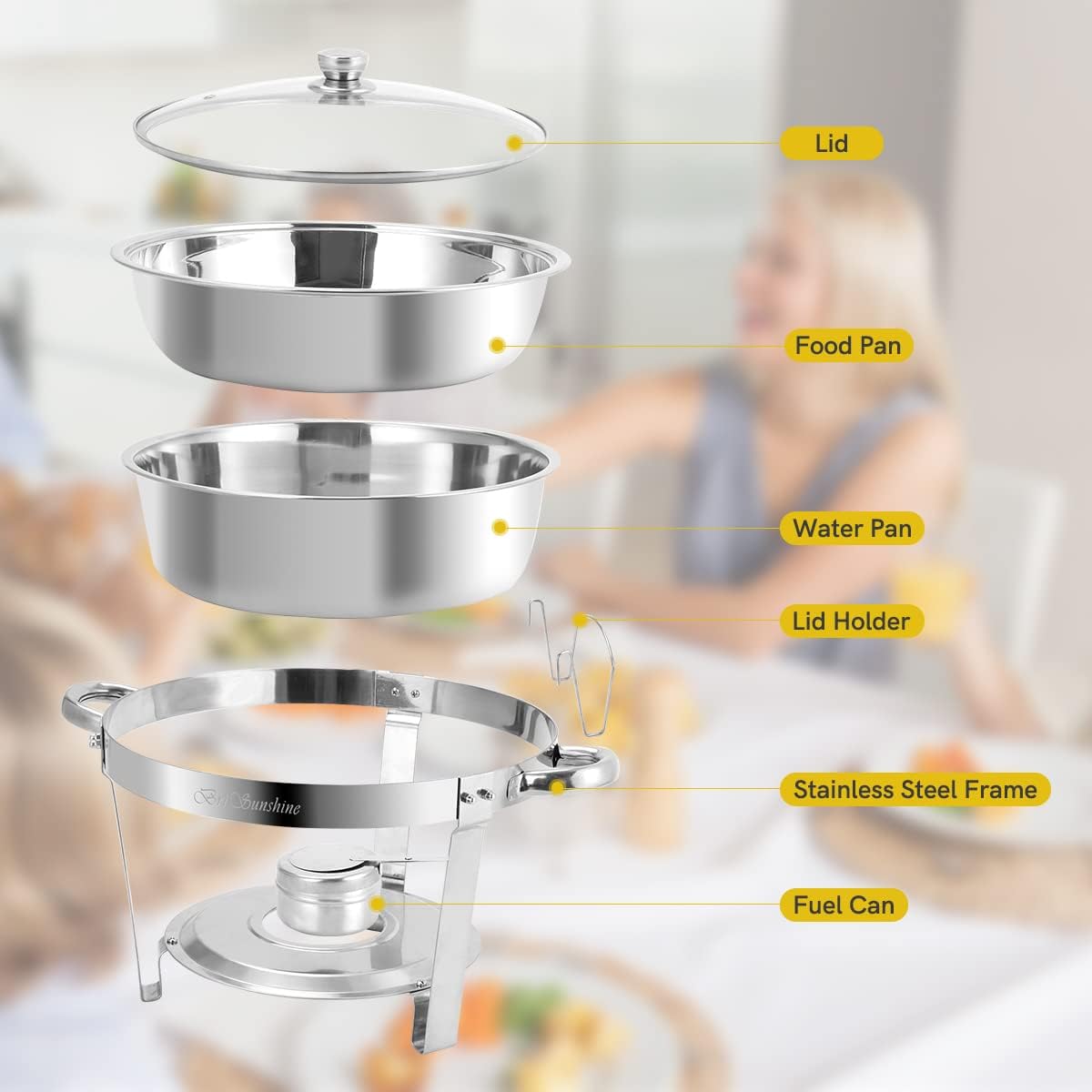 Chafing Dish Buffet Set 6 Packs, 5 QT Stainless Steel Round Chafing Dishes with Glass Lid & Lid Holder, Food Warmer For Parties Buffet Weddings Catering Events