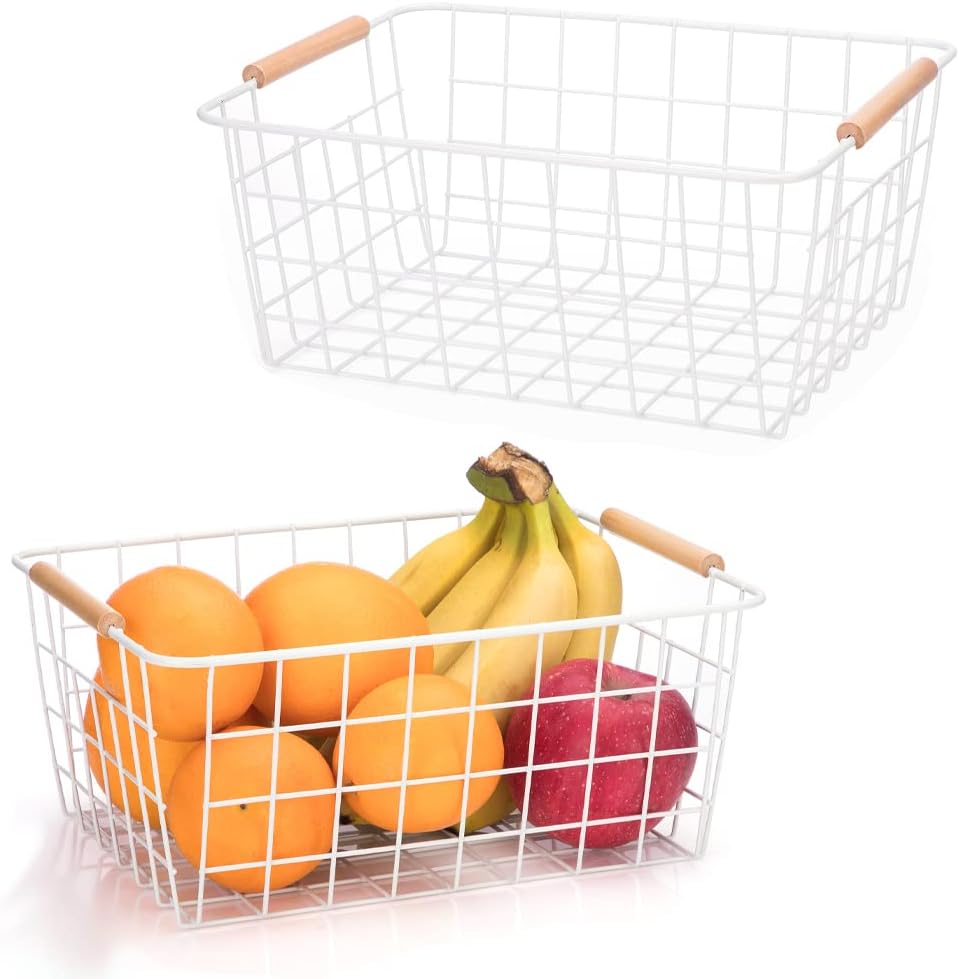 Metal Wire Food Storage Basket Organizer with Wooden Handles for Organizing Kitchen Cabinets, 2 Packs-White