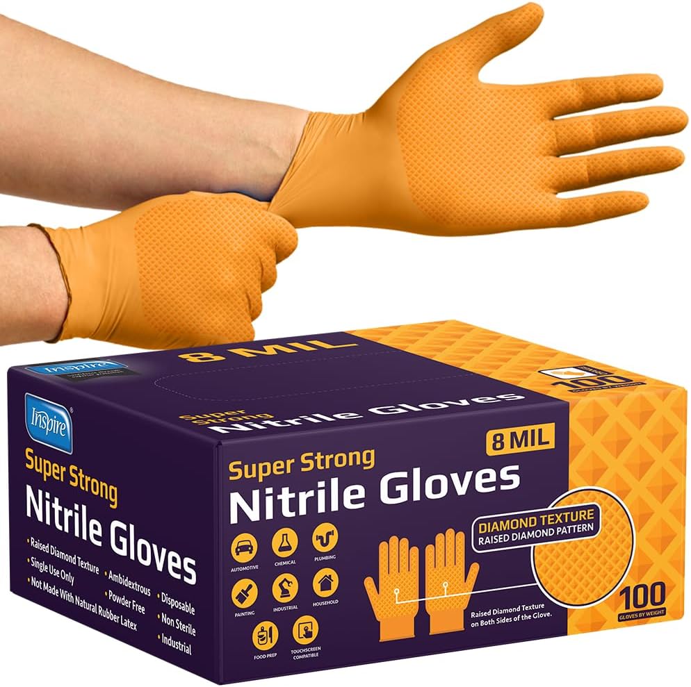 Inspire HEAVY DUTY ORIGINAL Stretch Nitrile Black Gloves Disposable Latex Free | Food, Mechanic, 6mil Black or 8 Mil Orange