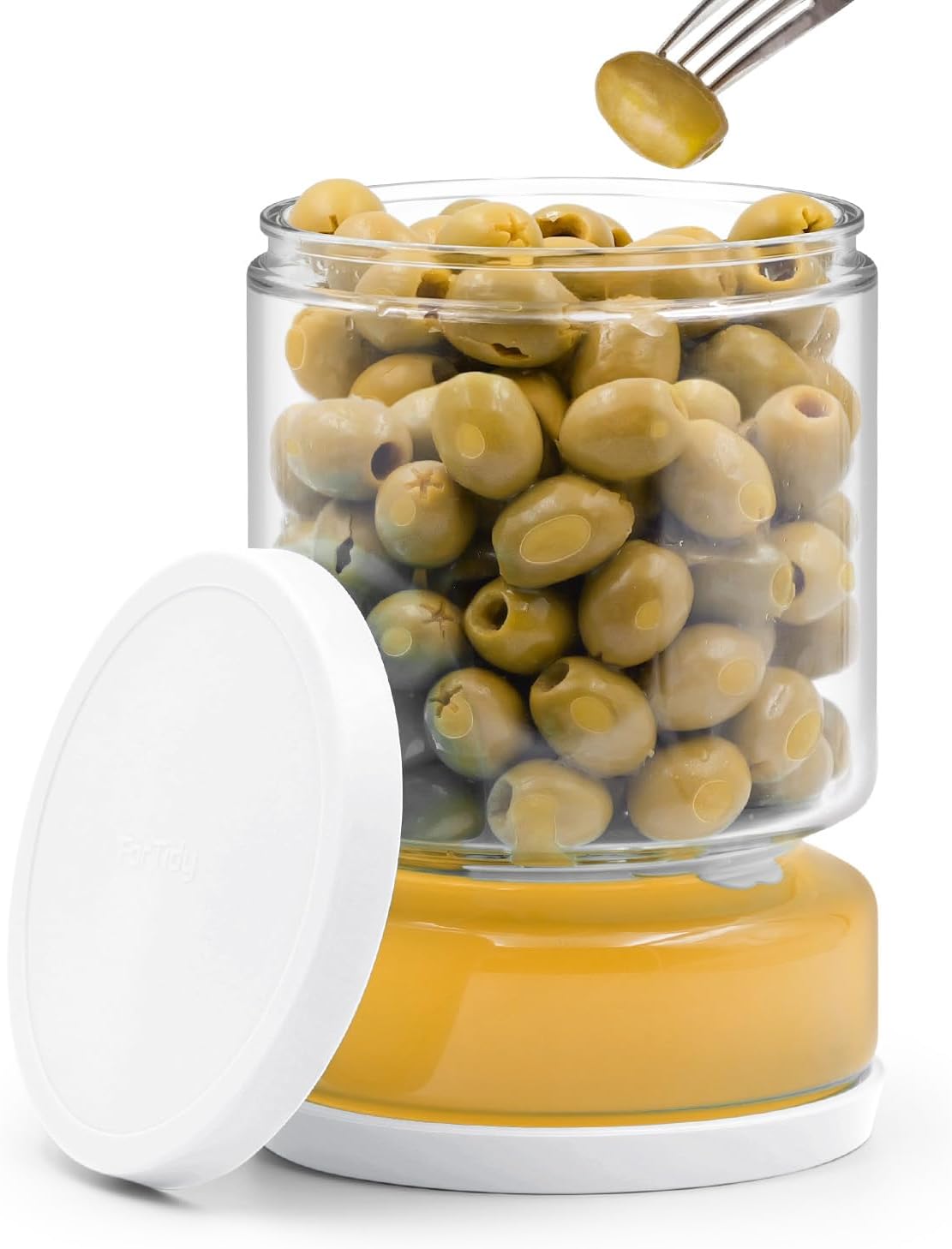 Pickle and Olive Container with Strainer Flip - 50 OZ Airtight Glass Jar for Pickle Lover, Versatile Food Keeper, Kitchen Organization Must-Have, BPA-Free, Dishwasher Safe (White)