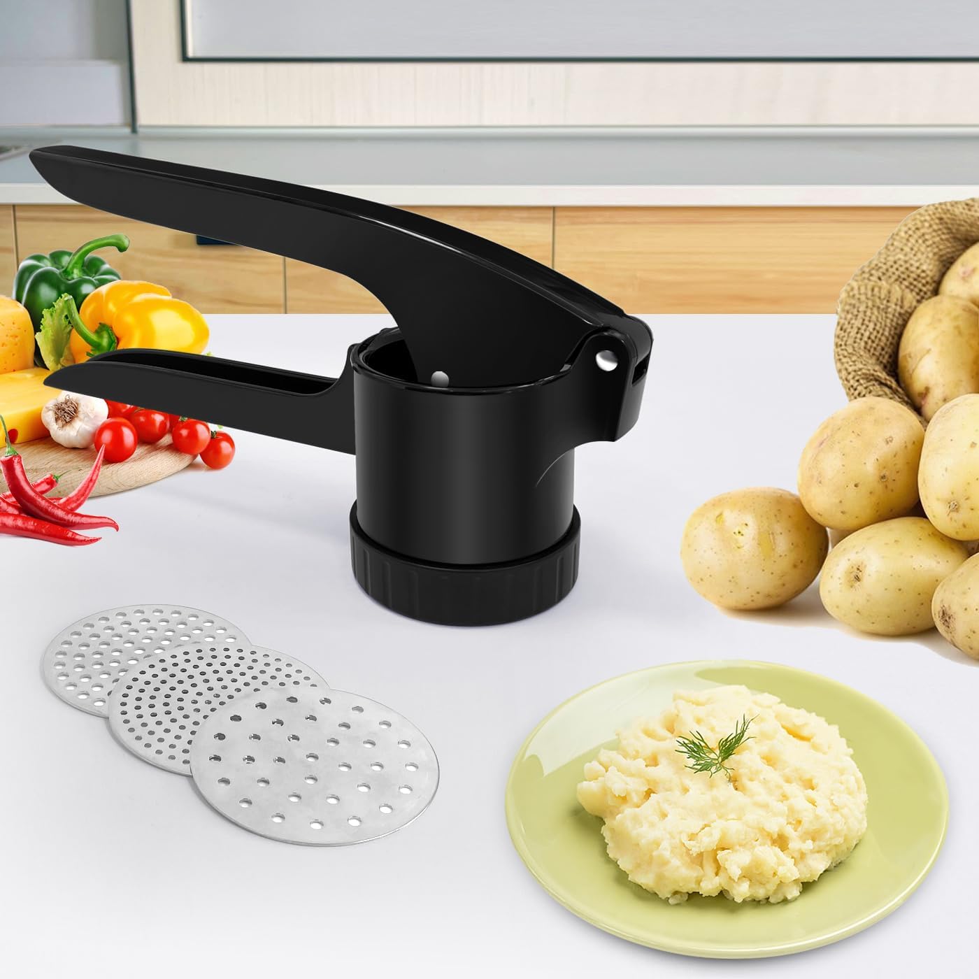 LHS Potato Ricer, Potato Masher for Potatoes with 3 Interchangeable Discs, Large Capacity Potato Masher and Ricer Kitchen Tool for Fruit, Vegetables, Baby Food, Black