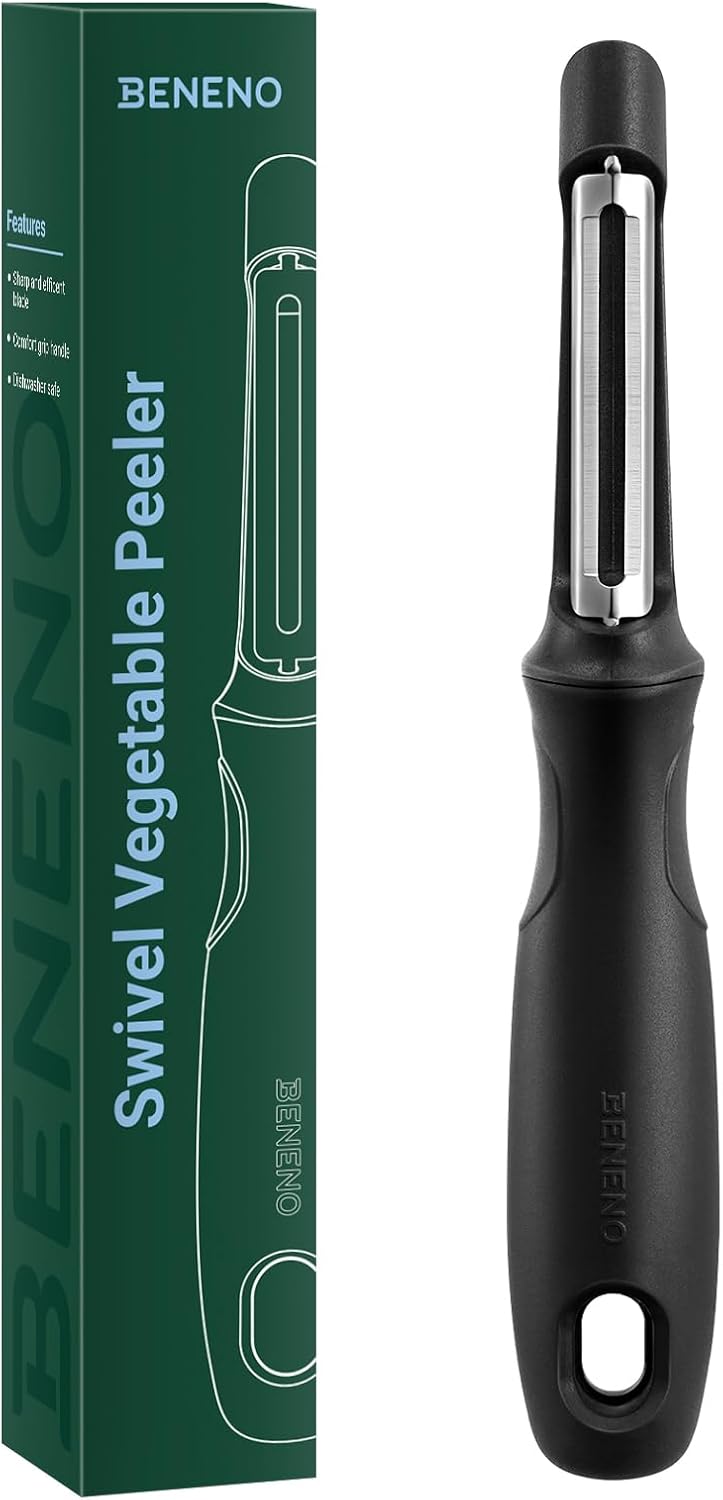 Beneno Swivel Vegetable Peeler, Razor-Sharp Smooth Peeling Stainless Steel Blades, Ergonomic Comfort Non-Slip Rubber Handle, Durable Kitchen Peeler Tool with Potato Eye Remover, Dishwasher Safe, Black