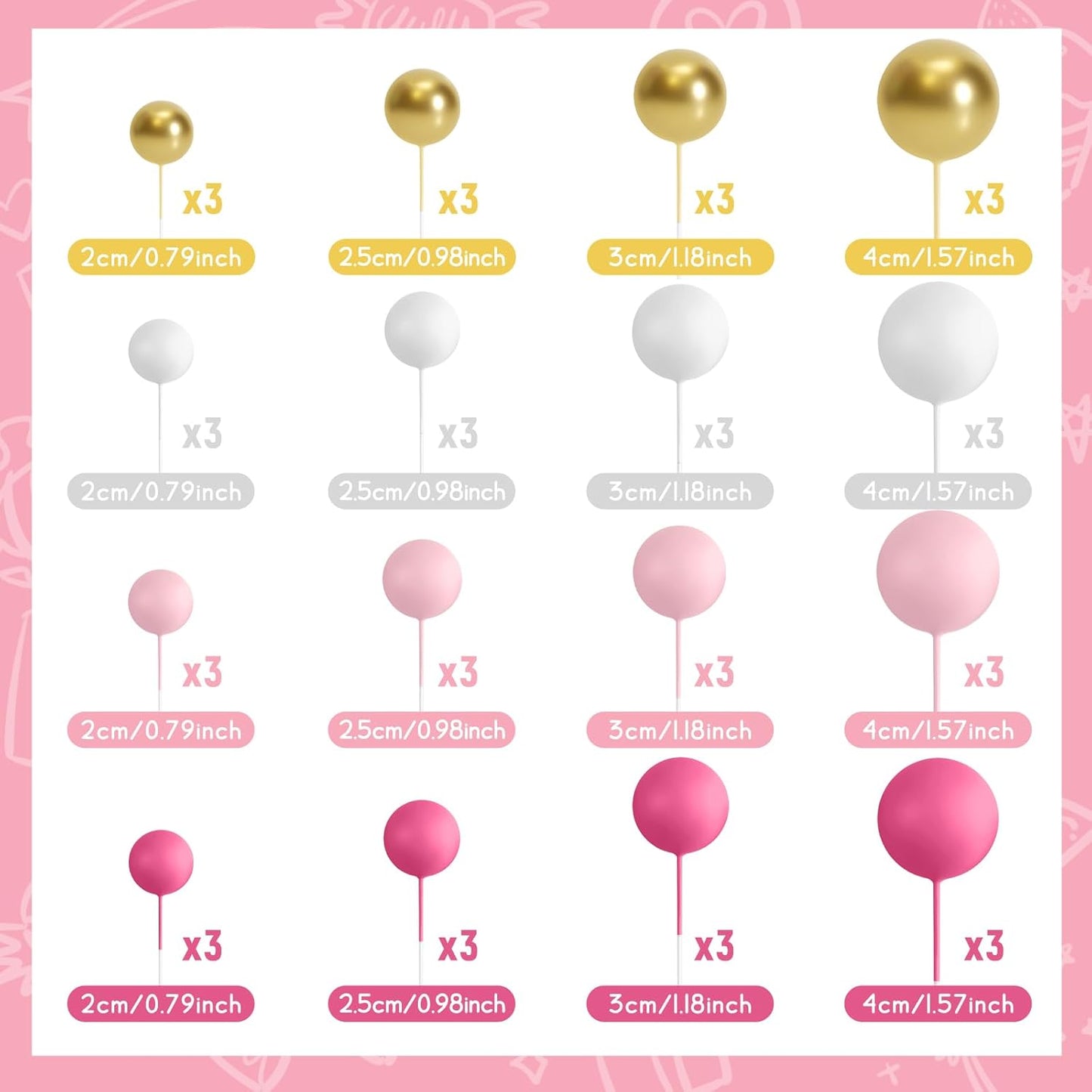 48 Pcs Balls Cake Topper Decorations Balloon Cupcake Toppers Foam Cake Topper Balls Cake Balls Decorations for Birthday Party Wedding Anniversary Cake Decorating (Rose Red, Pink, White, Gold)