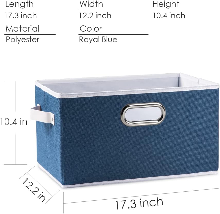 PRANDOM Larger Collapsible Storage Bins for Closet [3-Pack] Decorative Linen Fabric Storage Baskets Cubes with Leather/Metal Handles for Living Room Royal Blue (17.3x12.2x10.4 Inch)