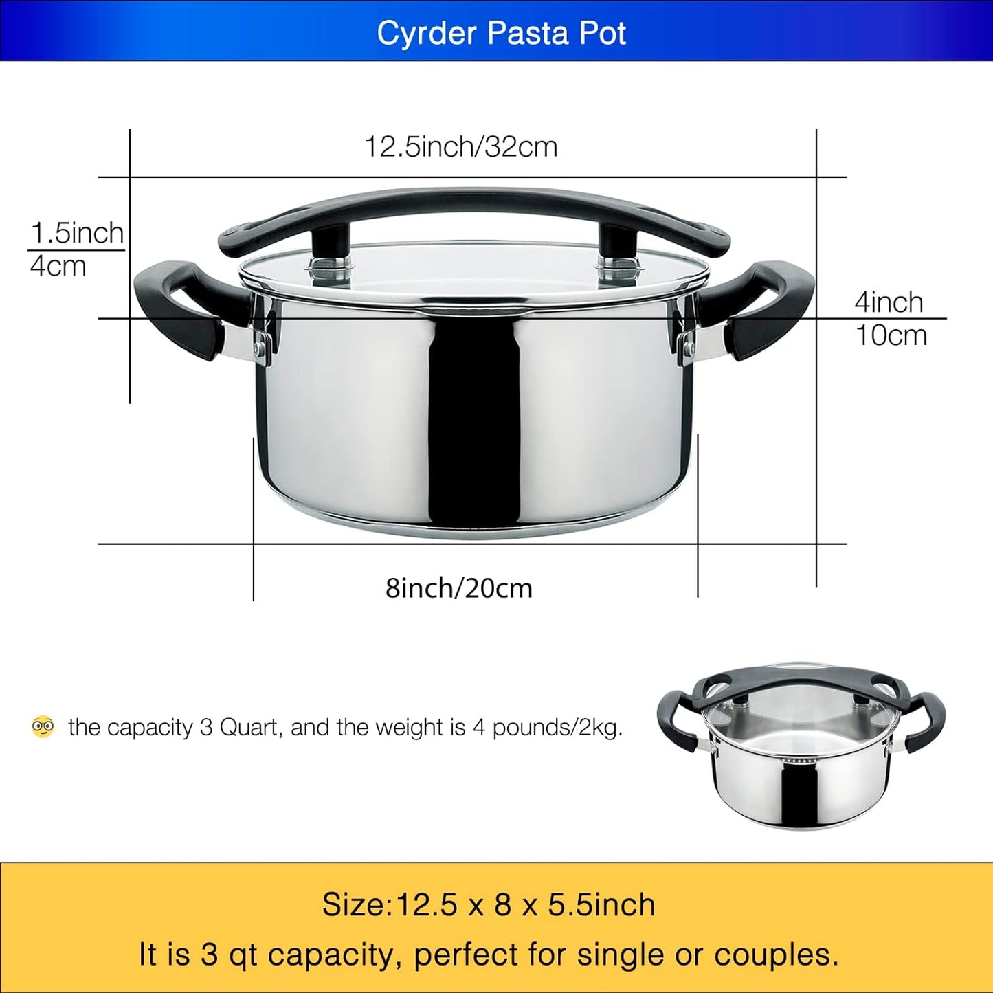 Stainless Steel Pasta Pot- Induction Pasta Pot with Strainer, Easy Stain &Perfect for Single and Couple, Dishwasher Safe, 3 Quart