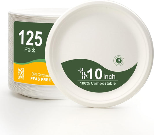 WELLIFE 10 Inch Paper Plates, 125-Pack 100% Compostable Heavy Duty Disposable Plates Bulk, Biodegradable Bagasse, Eco-Friendly, PFAS-Free | BPI Certified | Microwaveable