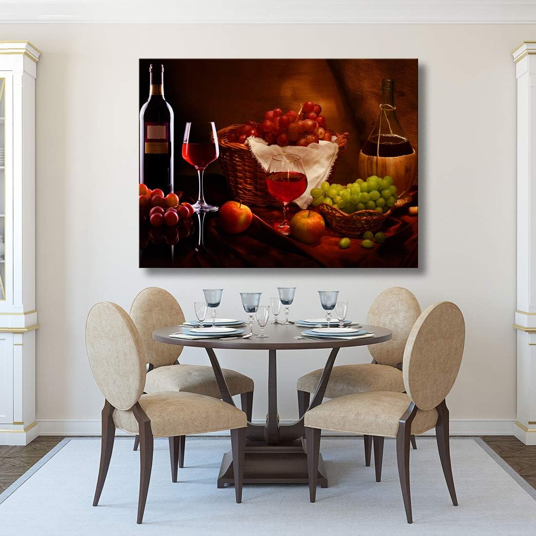 Looife Kitchen Still Life Canvas Wall Art, 48x32 Inch Gallery Wrapped Wine Cup with Grapes Picture Prints Wall Decor, Food Art Deco for Dining Room and Bar