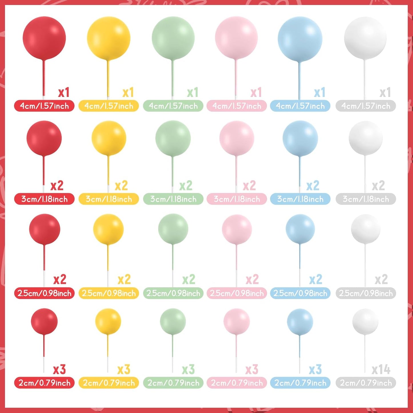 48 Pcs Balls Cake Topper Decorations Balloon Cupcake Toppers Foam Cake Topper Balls Cake Balls Decorations for Birthday Party Wedding Cake Decorating(Red,Yellow,Green,Pink,Blue,White)