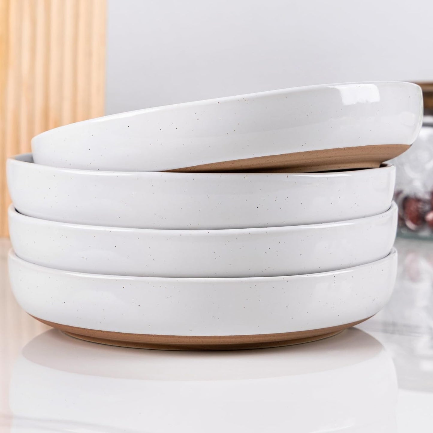 AmorArc 8.75'' Large Ceramic Pasta Bowls, 38oz Handpainted Stoneware Bowls Set of 4, Microwave&Dishwasher Safe Bowls with Rustic Terracotta Underside for Pasta Salad, White