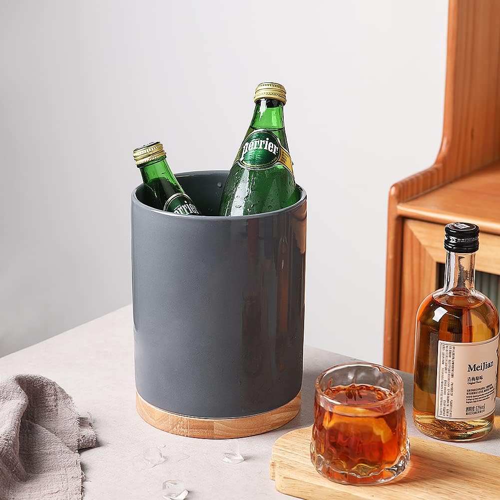 Sweejar Kitchen Utensil Holder with Wooden Bottom, 8.2" Ceramic Utensil Crock to Hold Spatulas for Cooking Countertop, Housewarming, Wedding, Birthday Gift (Gray)