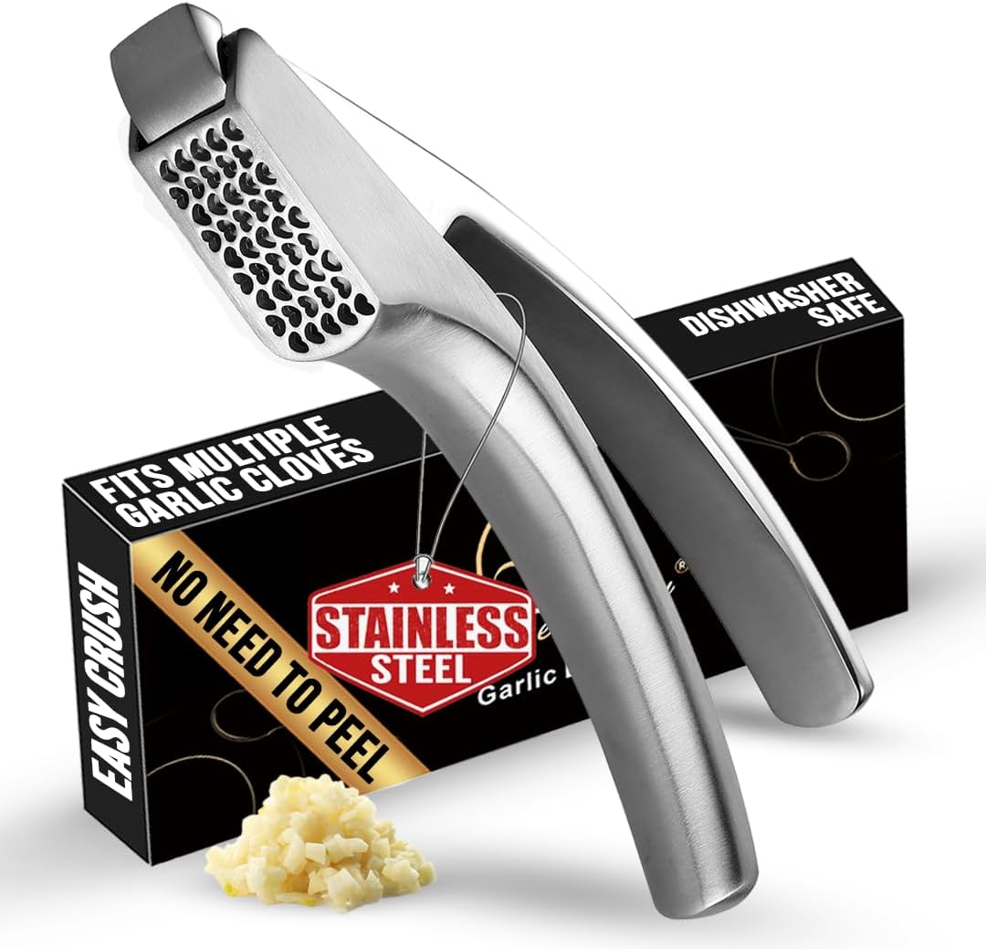 No Peeling Required Garlic Press Stainless Steel Detachable Handle for Coarse Mince, Premium Garlic Mince Tool, Rust-Proof, Easy to Clean, Dishwasher Safe, Garlic Crusher Lifetime Replacement