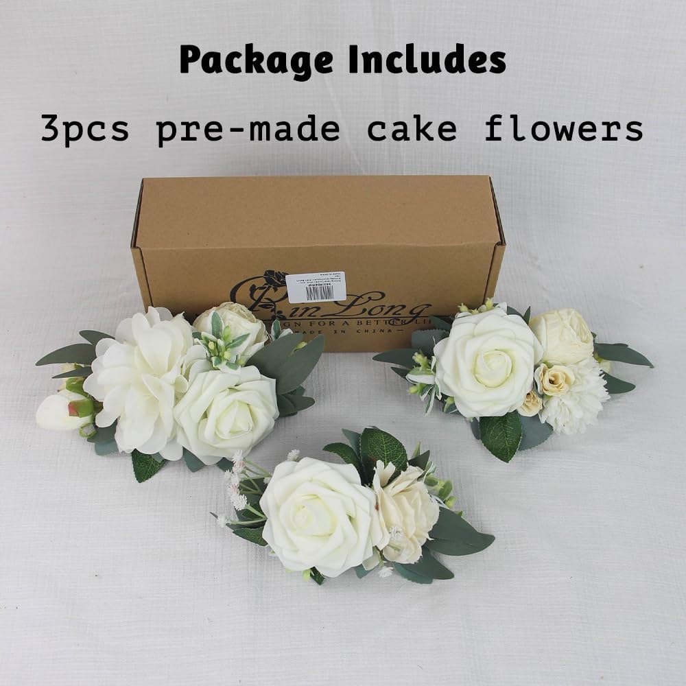 Rinlong 3Pcs Pre-made Cake Flowers Toppers White Green Cake Decorations Wedding Cake Decorating Flowers Decor Birthday Baptism Party Cake Topper
