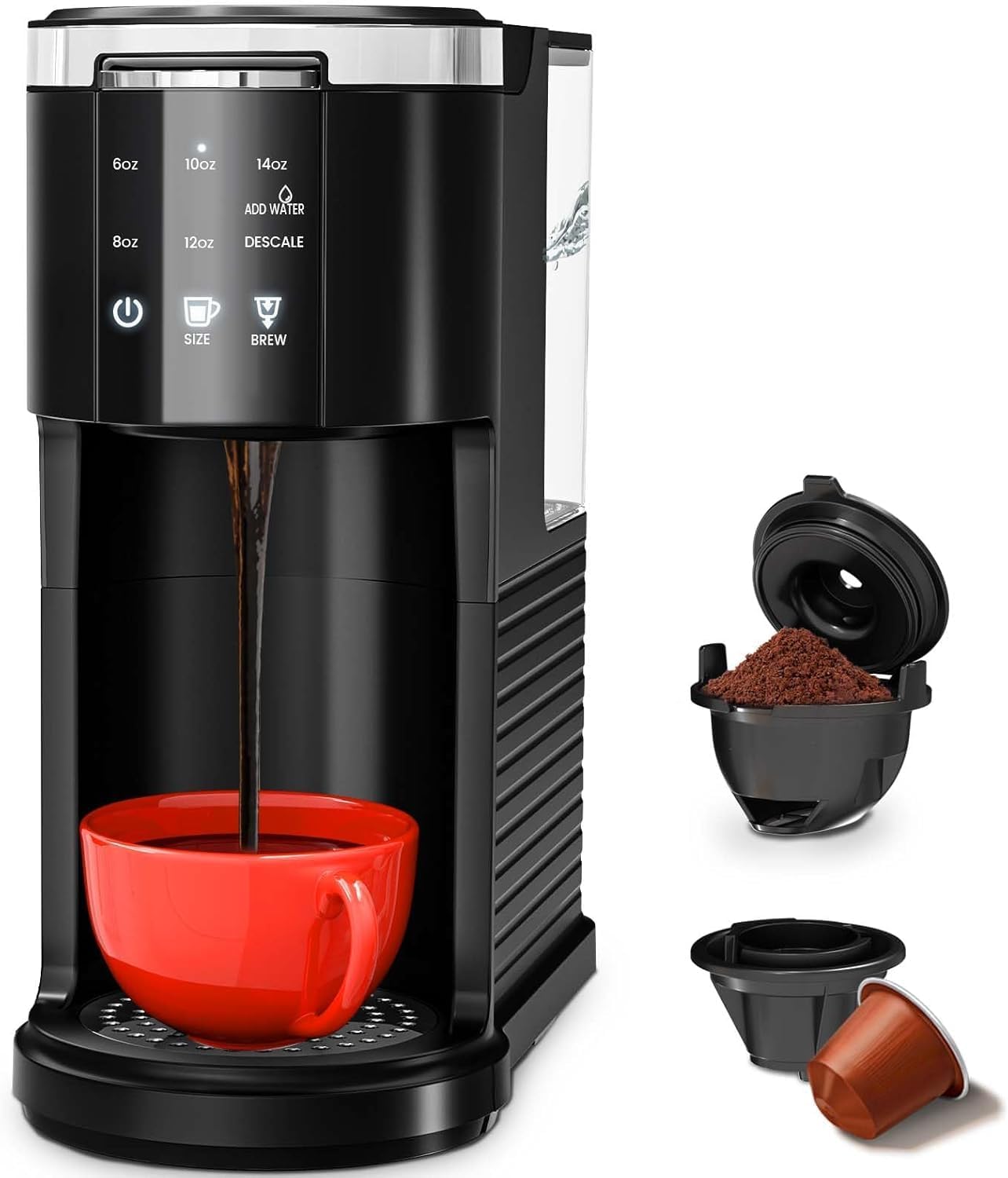 Single Serve Coffee Maker, 2 in 1 Coffee Machine for K-Cup & Ground Coffee, 6 to 14oz Brew Sizes, Self-cleaning Pod Coffee Makers with 40oz Removable Water Reservoir, LCD Screen, Black