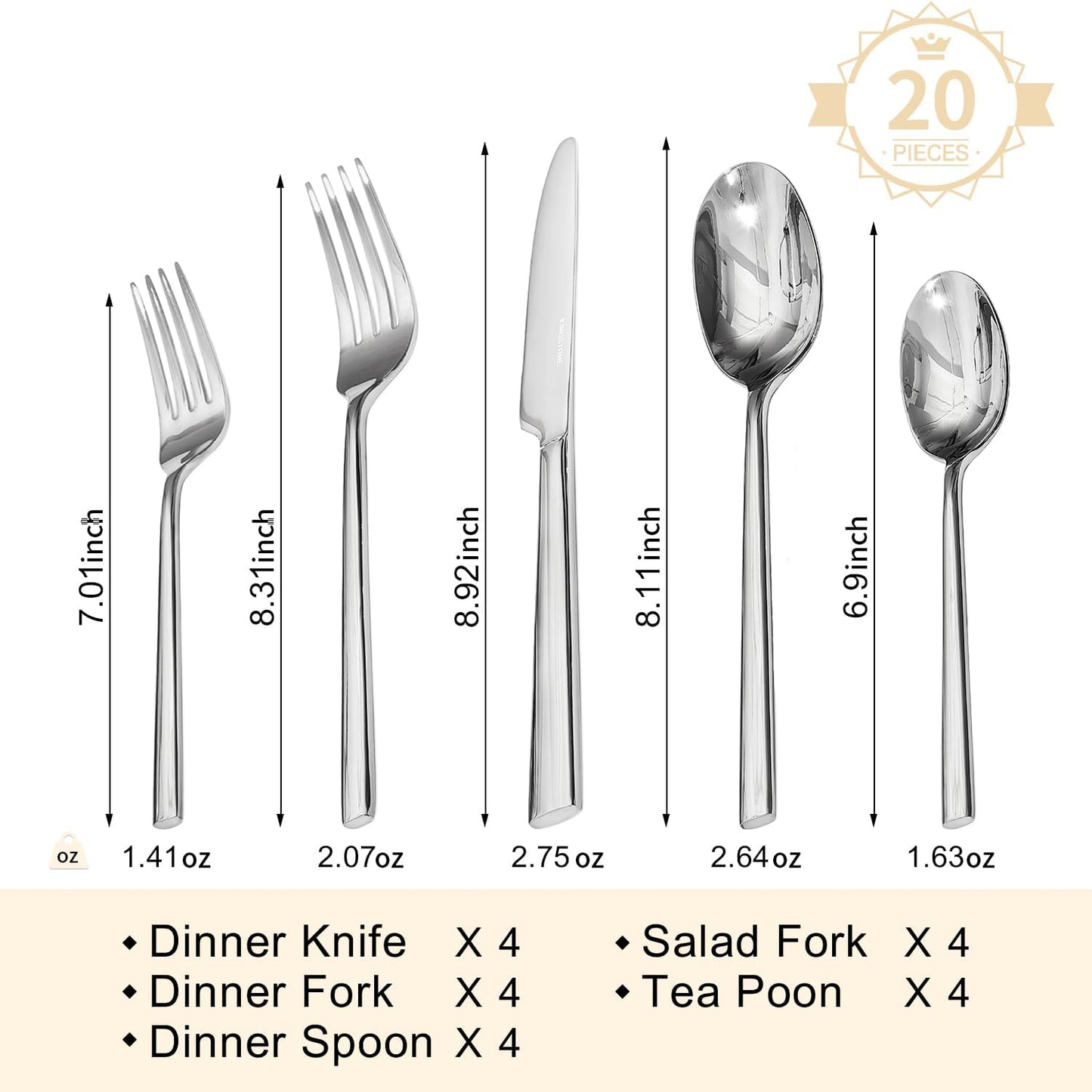 KINGSTONE Silverware Set, 20-Piece Forged Flatware Set Cutlery Set Premium Stainless Steel, Service for 4, for Kitchen, Home, Wedding, Party, Mirror Polished and Dishwasher Safe