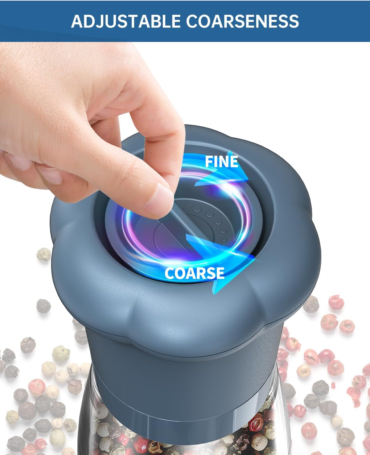 CIRCLE JOY Manual Salt and Pepper Grinder Set For Professional Chef, Refillable Salt and Pepper Shakers with Ceramic Blades, Adjustable Coarseness and BPA-free 180ml Glass Container, Tall Blue