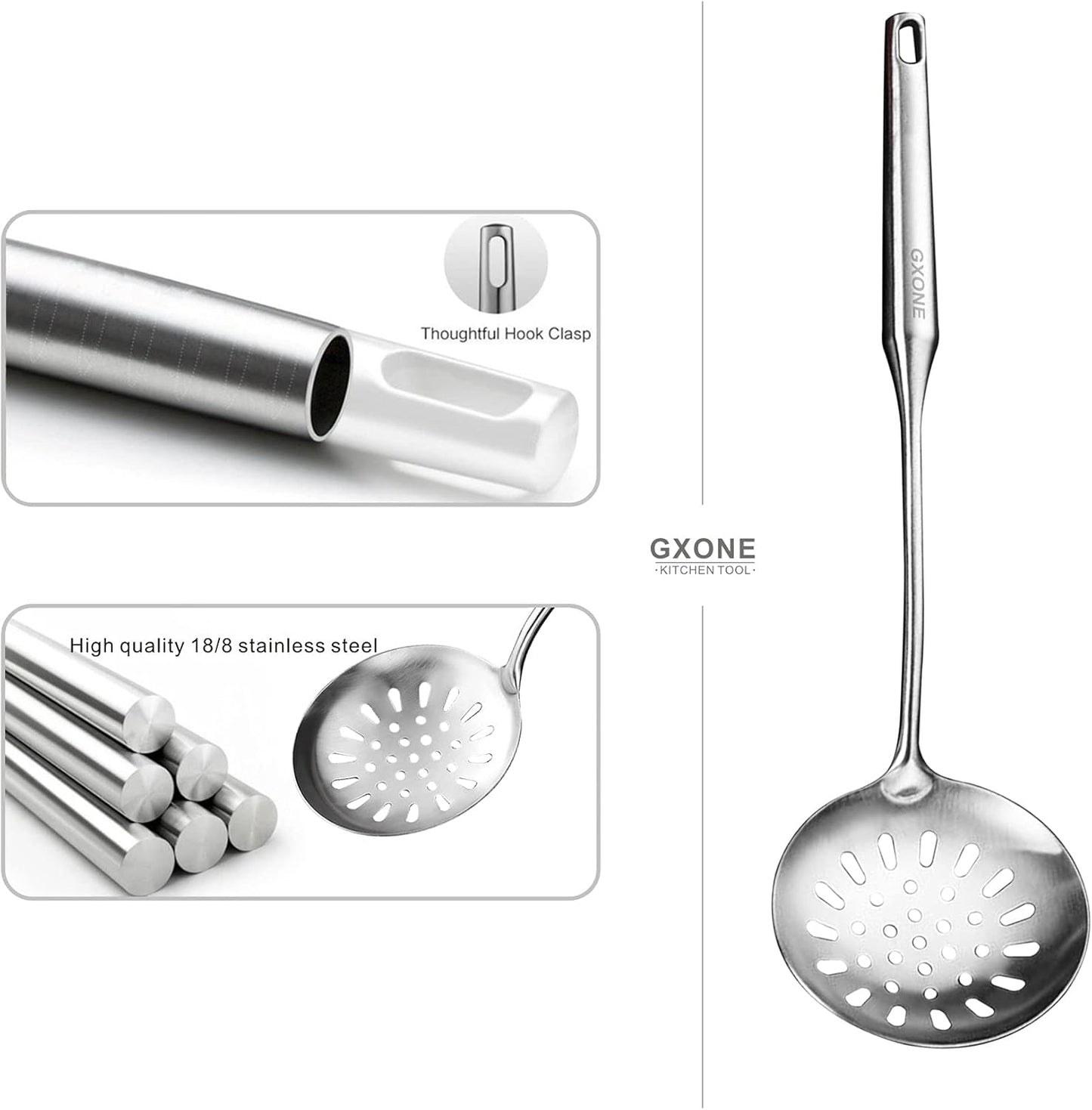 Skimmer Slotted Spoon,304 Stainless Steel Slotted Spoon, Handle Mesh Food Strainer Stainless Steel Colander with Hollow Handle Heat Resistant Cooking Tool,Silver/15.1Inch