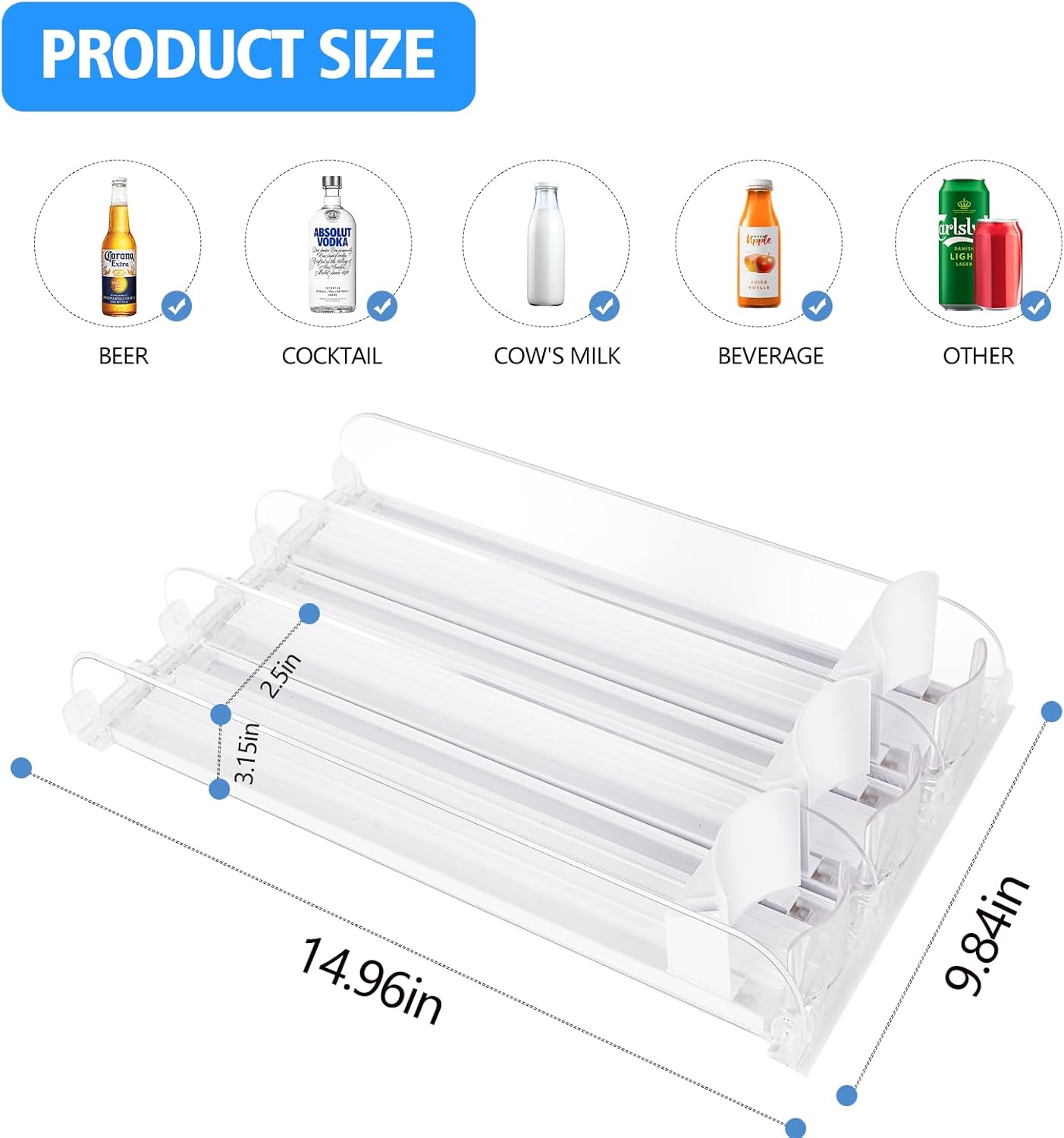 SOLY Drink Organizer for Fridge,Fridge Drink Dispenser for Fridge Automatic Pusher Glide,For Refrigerator Organizing Holds up to 14.96" D, Adjustable for 6-20oz
