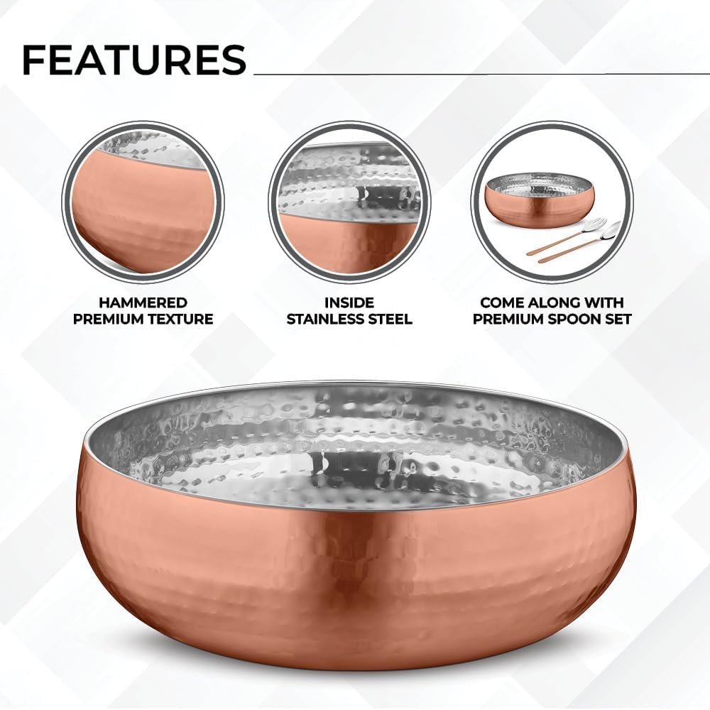 Avador® Set of 3 Premium Stainless Steel Salad Mixing Bowl Hammered Finish | Handmade | Includes Salad Serving Utensils (Copper Plated)