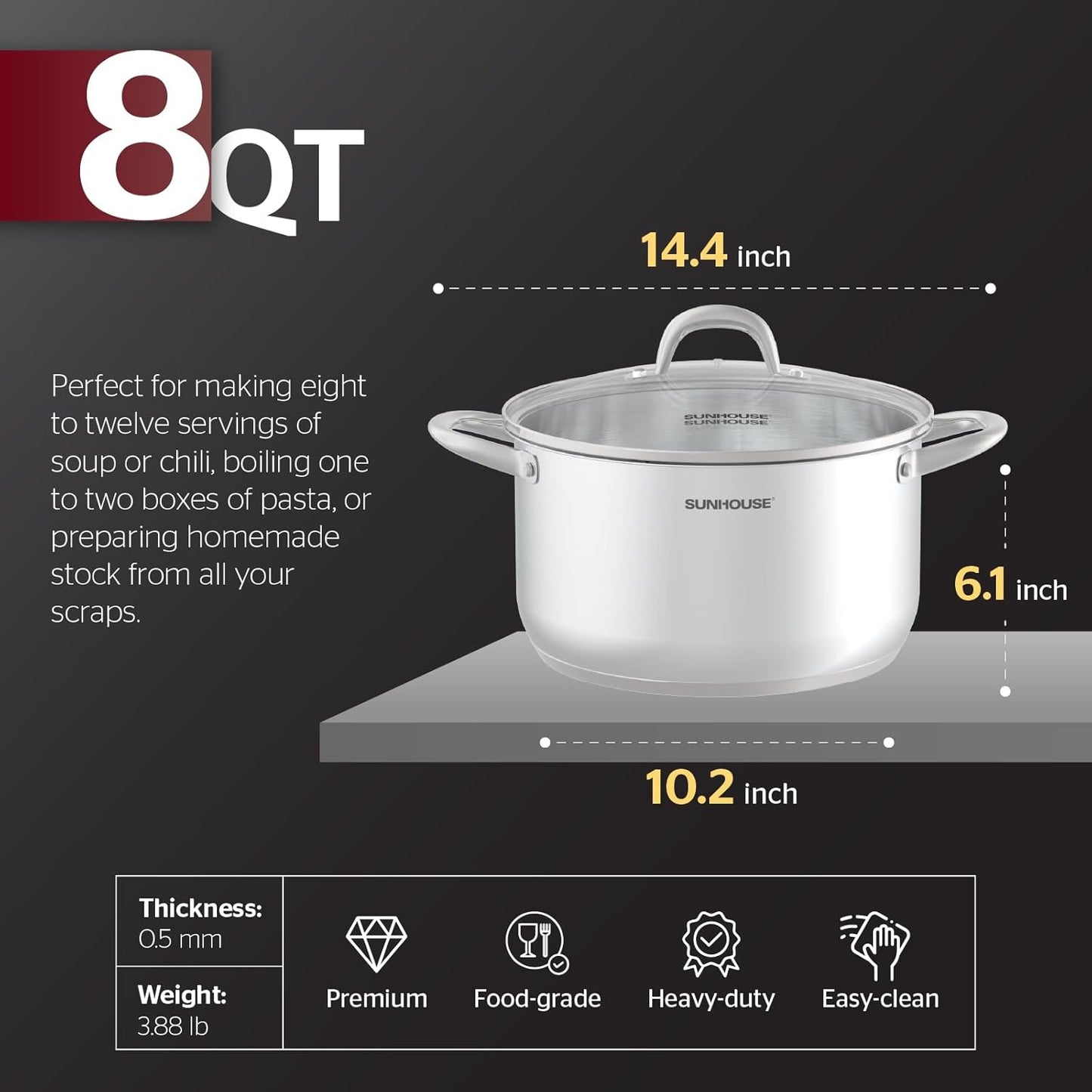 SUNHOUSE 8 Quart Stock Pot with Lid - 3-Ply Bottom Stainless Steel Pasta Cooking Canning Dutch Oven Pot - Induction Compatible for All Stovetops - Dishwasher Safe & Oven Safe