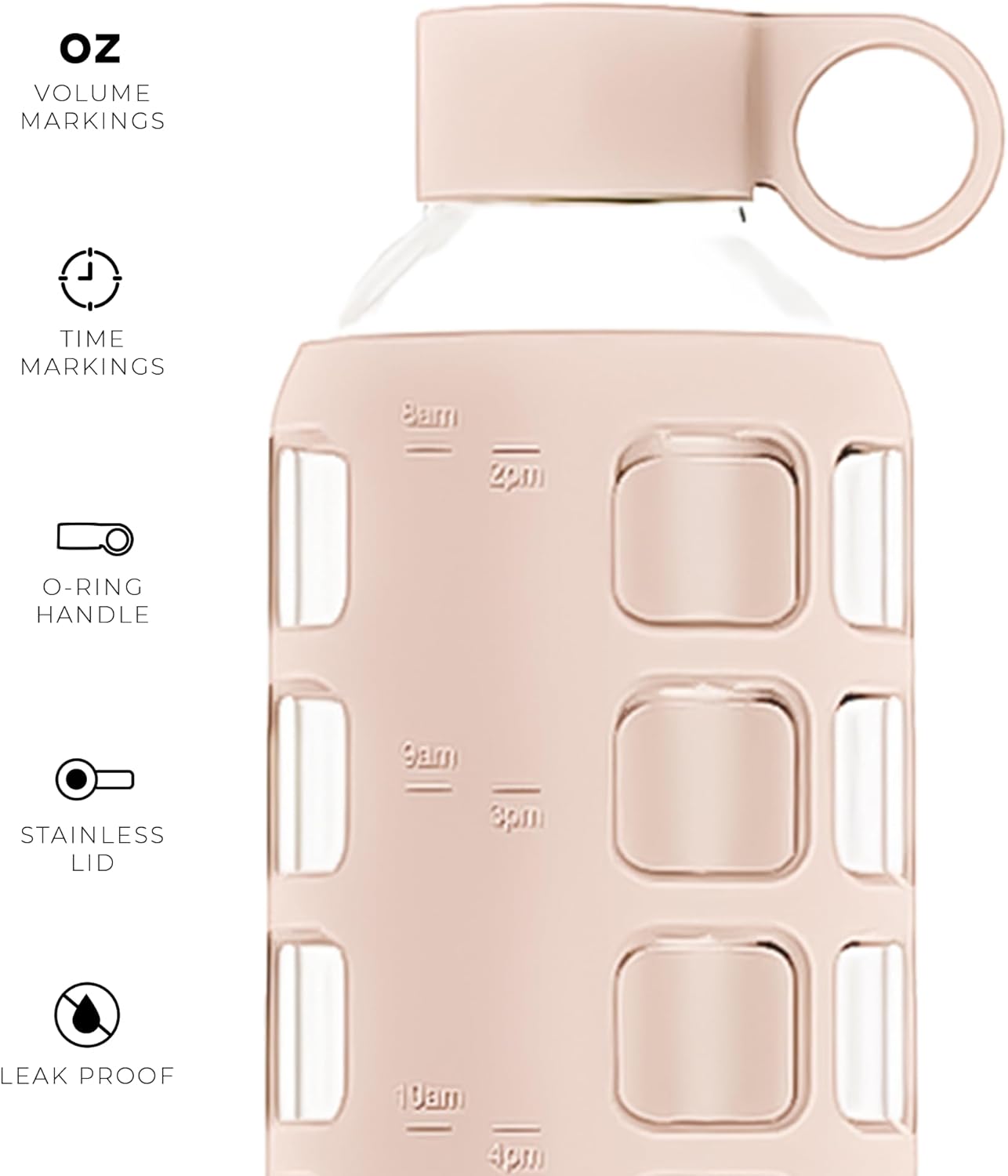 purifyou 40oz / 32oz / 22oz / 12oz Borosilicate Glass Water Bottle with Time & Volume Markers, Silicone Sleeve, Stainless Steel Lid – Reusable Glass Bottle for Water & Juice (32oz Hazelnut)