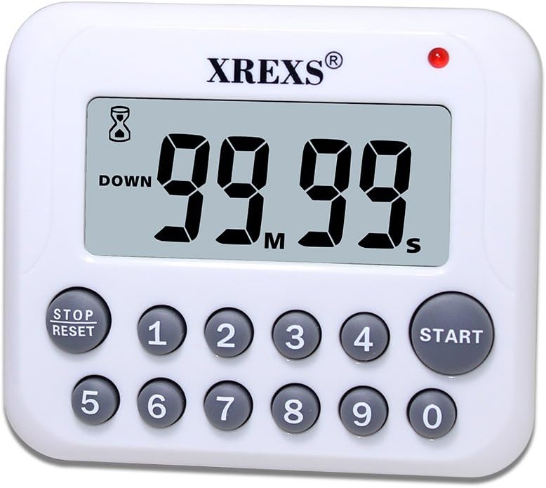 XREXS Digital Kitchen Timer Magnetic Countdown Up Cooking Timer Clock with Magnet Back and Clip, Loud Alarm, Large Display Minutes and Seconds Directly Input-White (2 Battery Included) (DC-12)