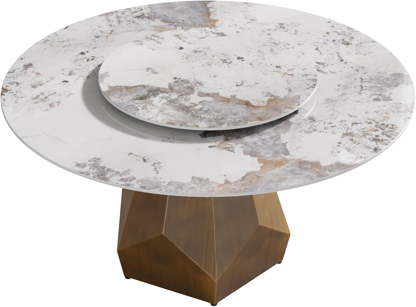 Montary 59" Modern Artificial Marble Round Dining Table with Antique Brass Metal Base & 31.5" White Sintered Stone Turntable, Dining Room Table with Lazy Susan for 6-8 (Only Table)