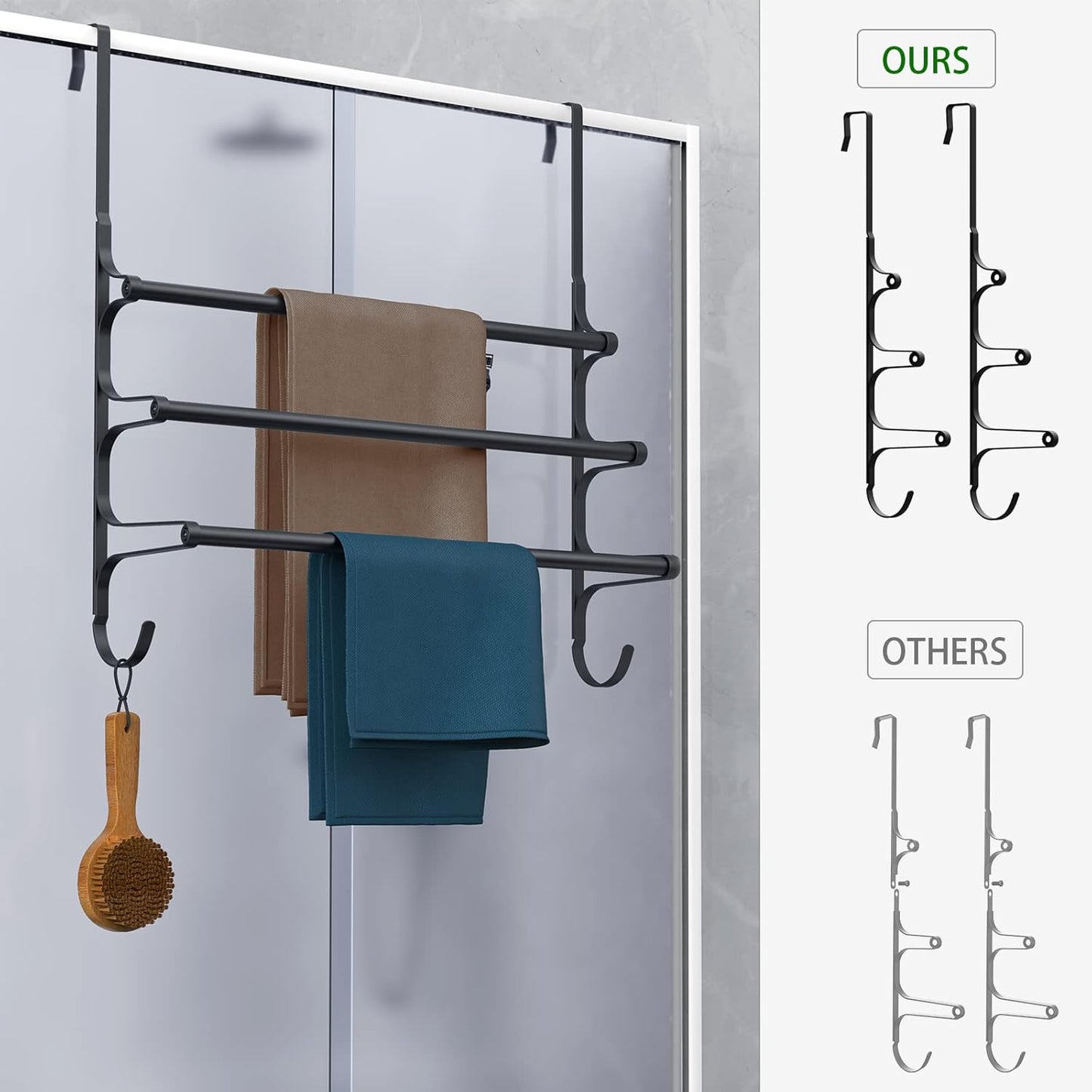Over The Door Towel Rack, Triple Towel Storage Holder with Hooks, 24.02 Inches Towel Bar Hanger Towel Racks for Bathroom (Black)