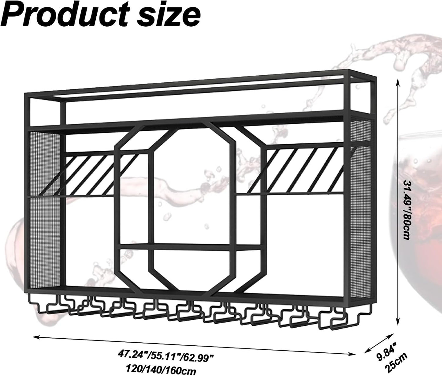 Wall Mounted Wine Rack, 3-Tiers Metal Bar Bottle Holder, Modern Wine Glass Storage Display Shelves, Wall Wine Rack for Kitchen Bar Dining Rooms Decoration ﻿ (Black, 55.11in/140cm)