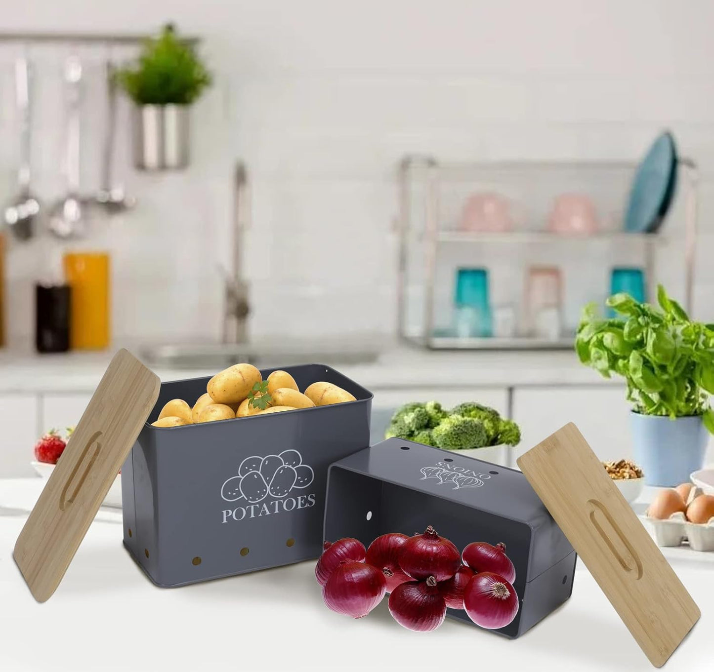 Potato Onion Storage Box, Food Container Sets, Storage Canisters for Vegeatables, Set of 2 Jars Pots Containers, Potato & Onion Bin with Aerating Tin Storage Holes & Bamboo Lid-Gray