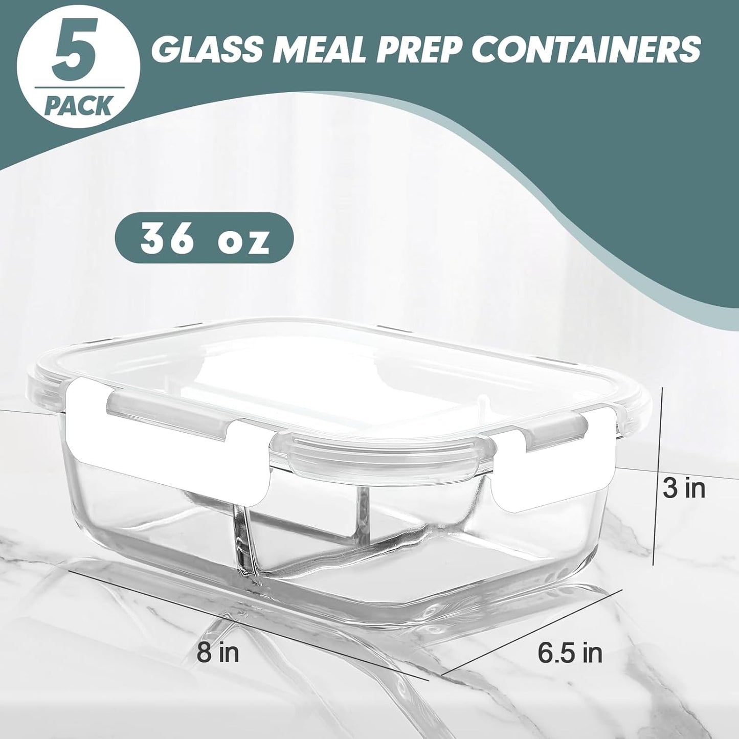 KOMUEE Glass Meal Prep Containers 3 Compartments, 5 Pack 36 oz, Glass Food Storage Containers with Lids, Airtight Lunch Bento Box, Portion Control, Freezer and Microwave Safe, White