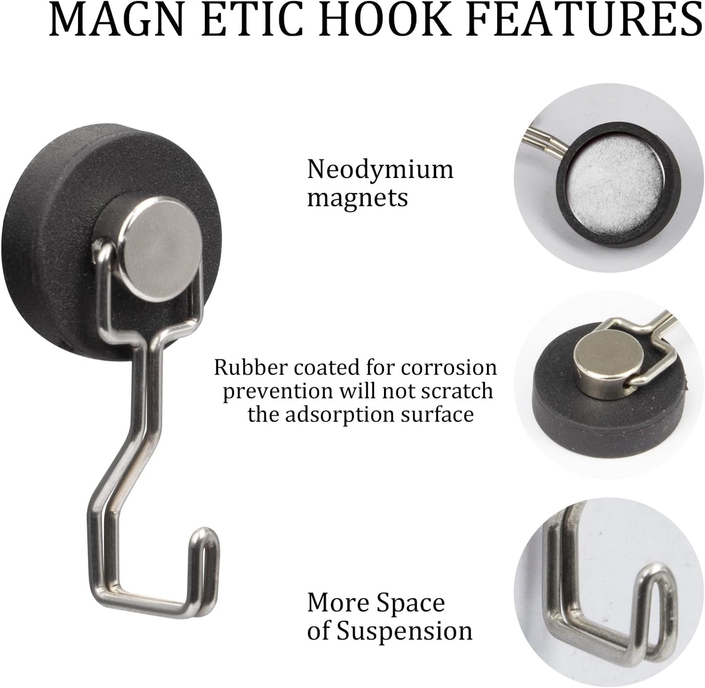 Rubber Coated Magnetic Hooks for Cruise Ship Cabin,Kitchen,Garage,Classroom and Office Waterproof Heavy Duty Metal Hangers with Increased Friction and Anti-Scratch Protection(6, Sliver)