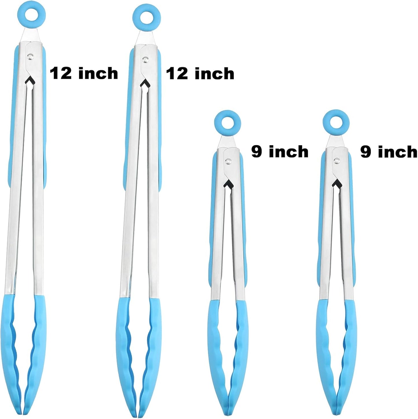 4 Pack Blue Kitchen Tongs, Premium Silicone BPA Free Non-Stick Stainless Steel BBQ Cooking Grilling Locking Food Tongs, 9-Inch & 12-Inch