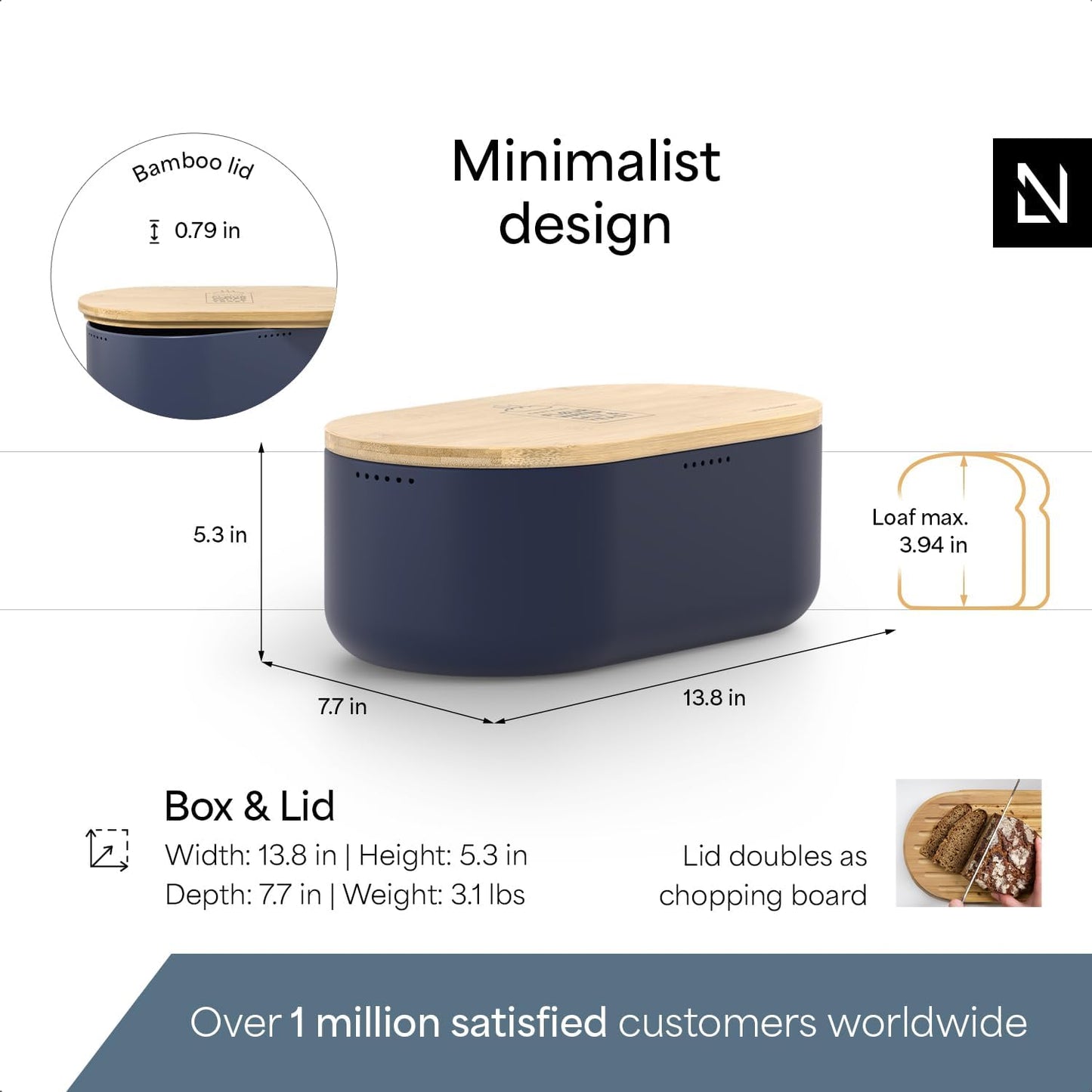 LARS NYSØM Bread Box I Metal Box with linen bag for long lasting freshness I Bread Bin with bamboo lid usable as cutting board I 14.2x7.5x5.1 In (Midnight Blue)