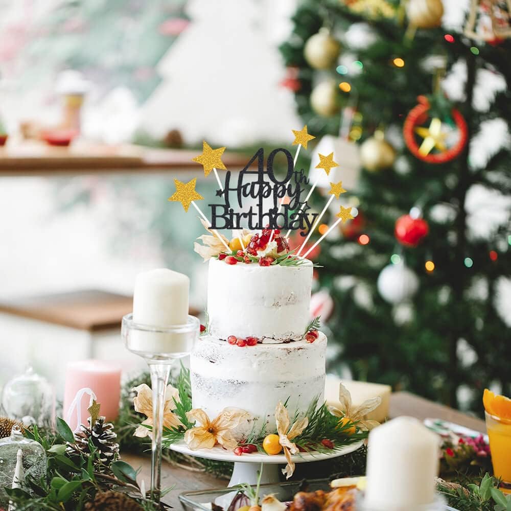 Glittery 40th Happy Birthday Cake Topper with Star,Personalised 40 Birthday Cake Toppers Party Decorations Party Supplies for Men Women Black Gold