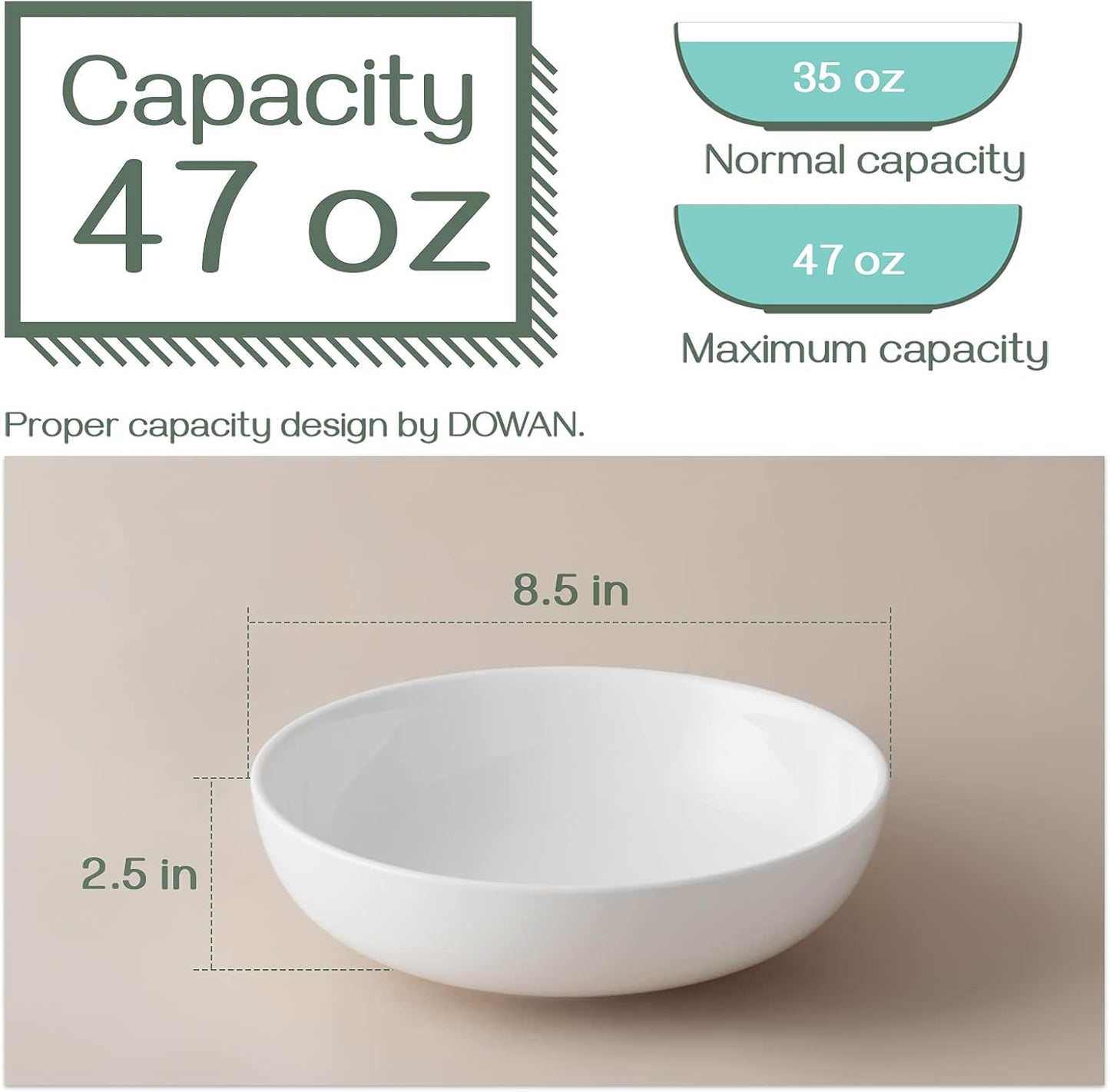 DOWAN Pasta Bowls 47 oz, Large Salad Bowls 2.5" Deep Soup Bowls, Porcelain Serving Bowls Set of 4, Big Kitchen Dinner Bowl Plates Pasta Plates, Microwave & Dishwasher Safe, Creamy White