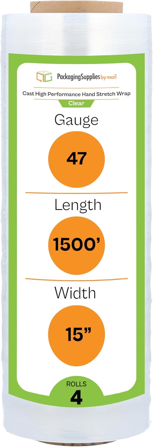 PSBM Stretch Wrap for Packing, 4 Pack of 15 Inch x 1500 Feet, 47 Gauge, High Cling Moving Stretch wrap, Cast Hand Stretch Film Moving wrap Rolls, Strong Plastic Wrap for Moving