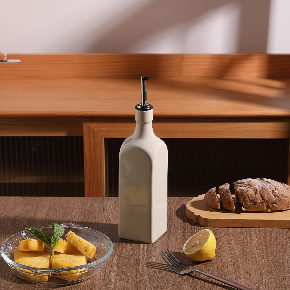 Sweejar 19 Fl Oz Ceramic Olive Oil Dispenser Bottle with Spout, Large Oil Dispenser for Kitchen, Opaque EVOO Oil and Vinegar Cruet for Cooking, Oil Container for Avocado Oil, Pack of 1 (Beige)