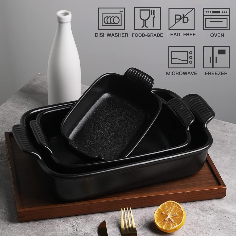 Sweejar Baking Pans Set, Ceramic 9x13 Baking Dish with Handle, Rectangular Casserole Dishes for Oven, Bakeware Sets of 3, Durable Lasagna Pan Deep for Kitchen, Banquet, Wedding Gift(Black)