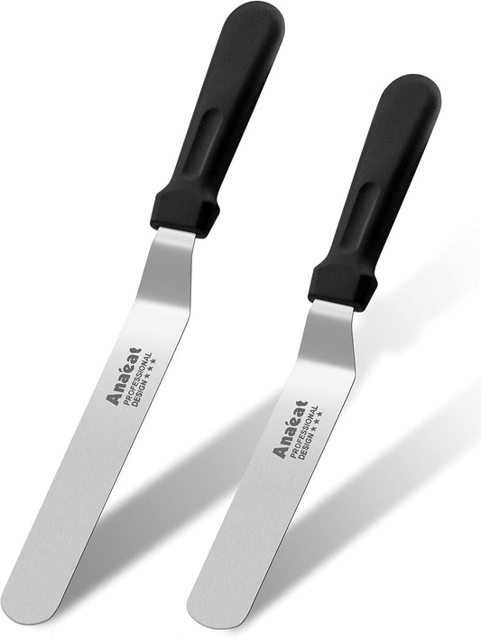 Anaeat Icing Spatulas, Set of 2 Professional Cake Angled Offset Spatula with 6", 8" Stainless Steel Blades - Thickened Frosting Knife with Durable Plastic Handle for Cake Decorating Pastry & Baking