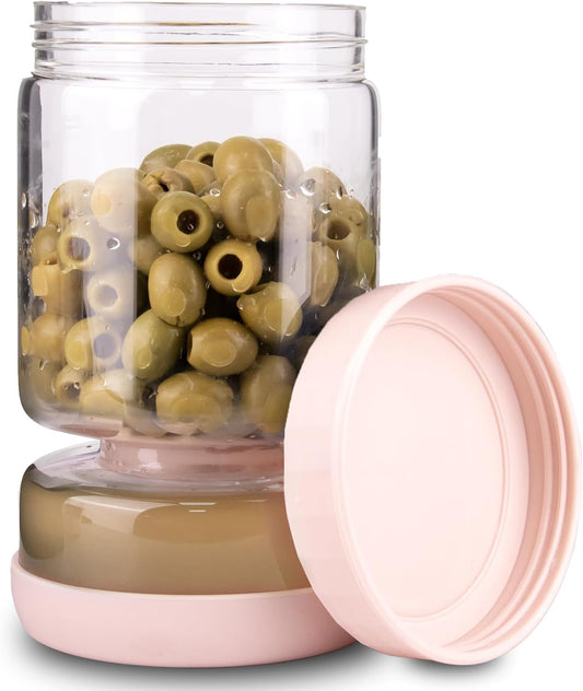 Pickle and Olive Hourglass Jar with Strainer Flip for Juice Separator from Wet and Dry, Upgrade Food-grade ABS Lid and BPA Free Hourglass Pickle Jar for Airtight Food Storage, Pink