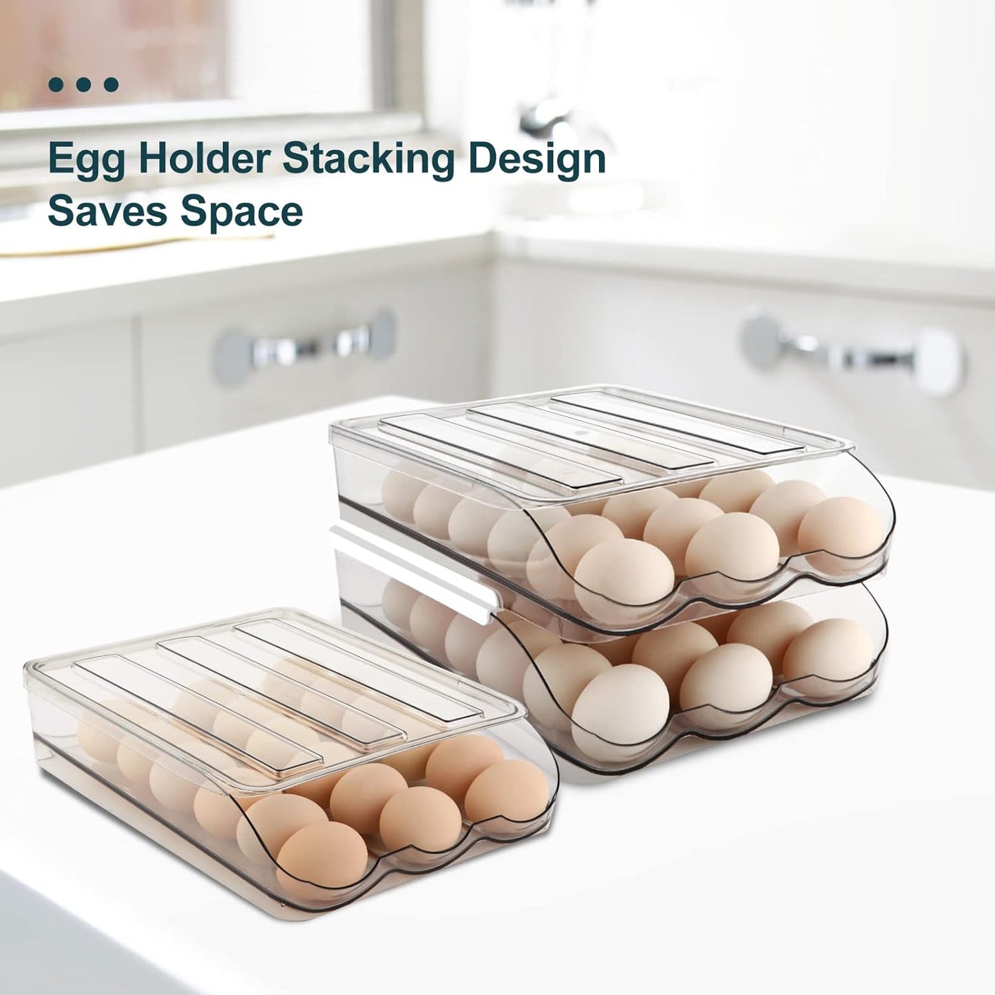 Egg Holder for Fridge, Automatically Rolling Egg Storage Container for Refrigerator,Large Capacity Egg Organizer for Fridge with Lid,Clear Plastic Dispenser, Tray & Bin -2 Layer