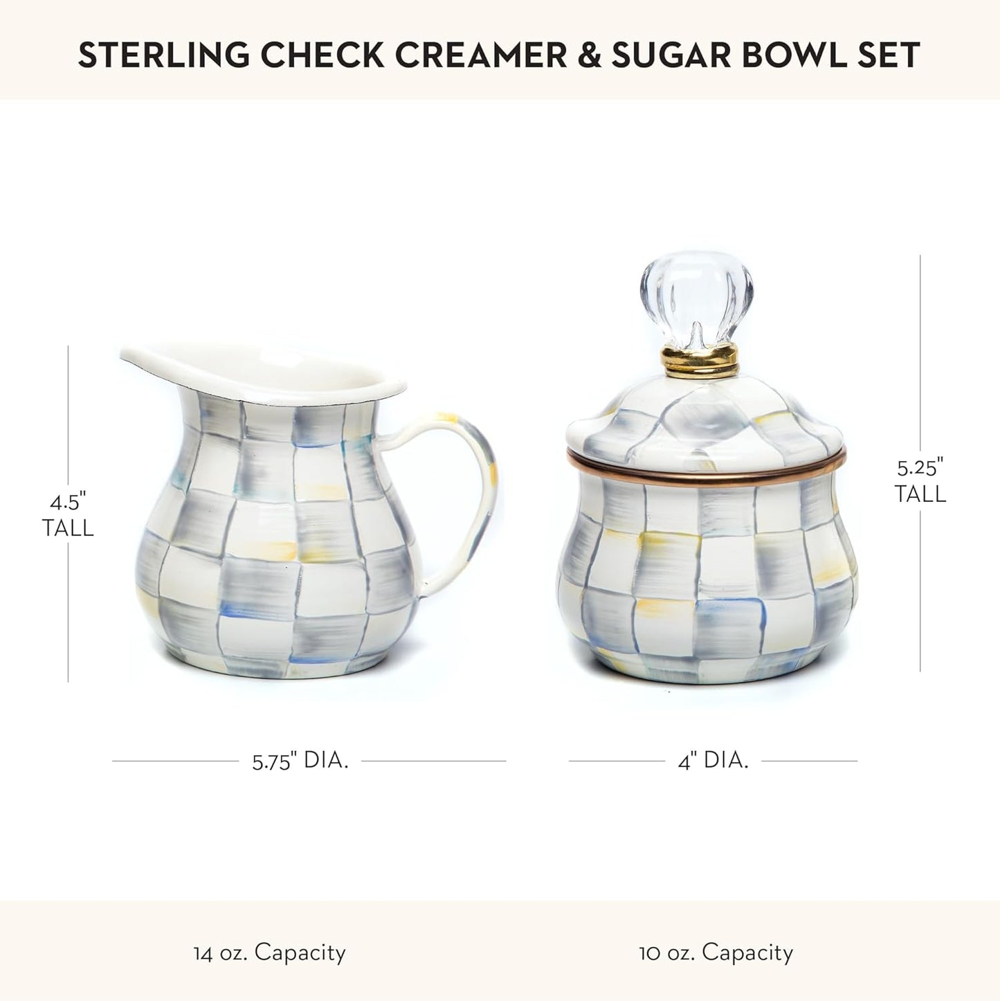 MACKENZIE-CHILDS Enamel Creamer and Sugar-Bowl Set, Cream Dispenser and Sugar Holder, Unique Kitchen Decor, Gray-and-White Sterling Check