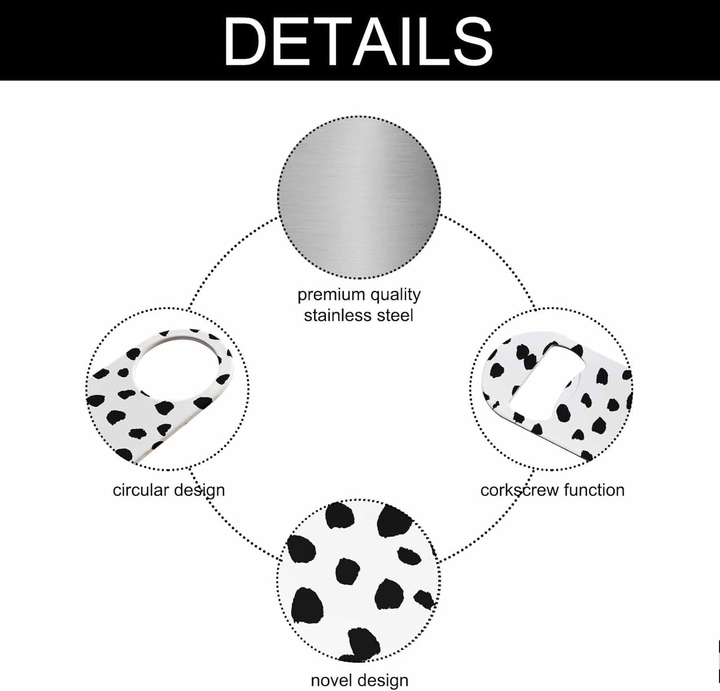 Small Dot Pattern Stainless Steel Bottle Opener Black Polka Circles with Rough Edges Abstract Doodle Trendy Flat Beer Bottle Opener Keychain for Home Kitchen Bar Restaurant Party Birthday Gift