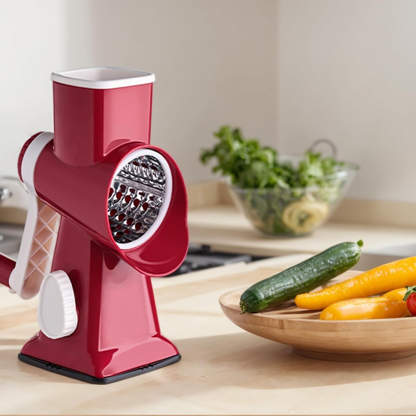HANSGO Rotary Cheese Grater, Hand Crank Cheese Shredder, Vegetable Slicer for Kitchen, 3 Interchangeable Blades for Potatoes Carrots Onion Zucchini Nuts Chocolate Fruits, Red