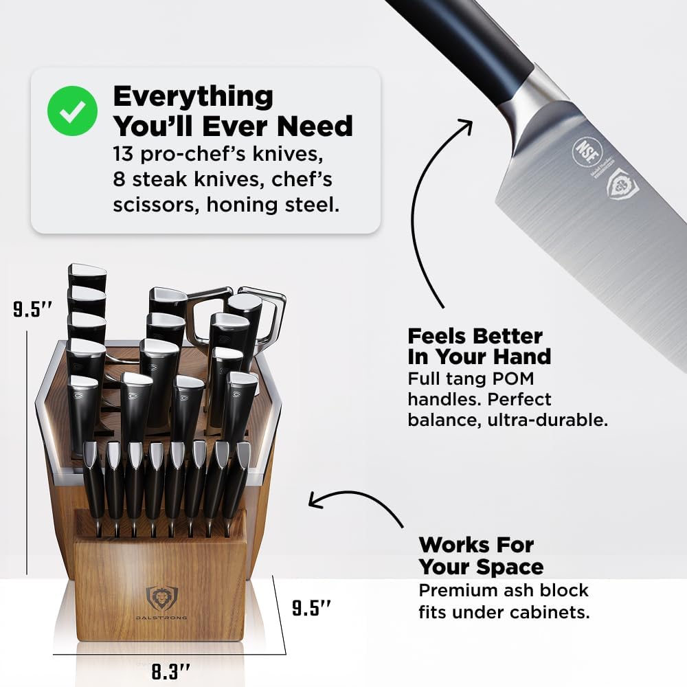 Dalstrong Vanquish Series - 24pc Stainless Steel Knife Set with Block & Kitchen Scissors - Forged High Carbon German Stee l- Knife Set w/POM Black Handle - NSF Certified