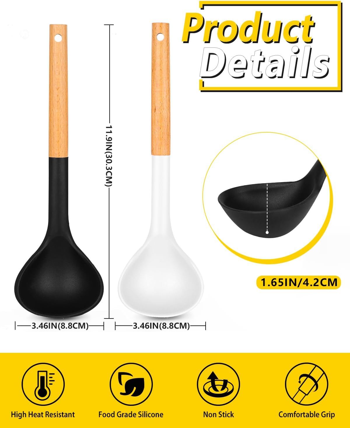 Pack of 2 Soup Ladle, Silicone Ladle Spoon with Wooden Handle, Large Non Stick High Heat Resistant Kitchen Utensils for Cooking, Stirring, Serving Soups(BLACK-WHITE)