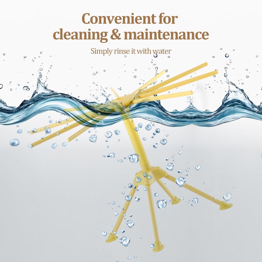 Ourokhome Collapsible Pasta Drying Rack, Plastic Foldable Homemade Fresh Spaghetti Stand Dryer Noodle Hanger for Kitchen with 10 Arms, Stable, Easy Storage, Quickly Set Up (Yellow)