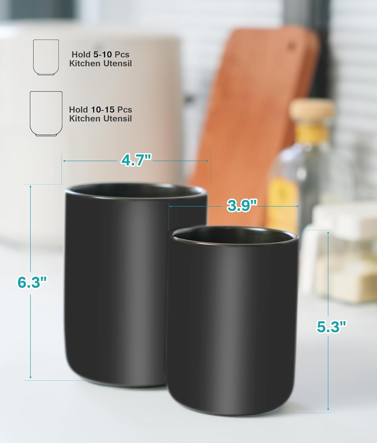 Set of 2 Utensil Holder, 7"+5" Ceramic Kitchen Utensil Holder for Countertop, Large Cooking Utensil Crocks for Counter, Morden Utensil Organizer for Spatula, Kitchen Decor (Black)