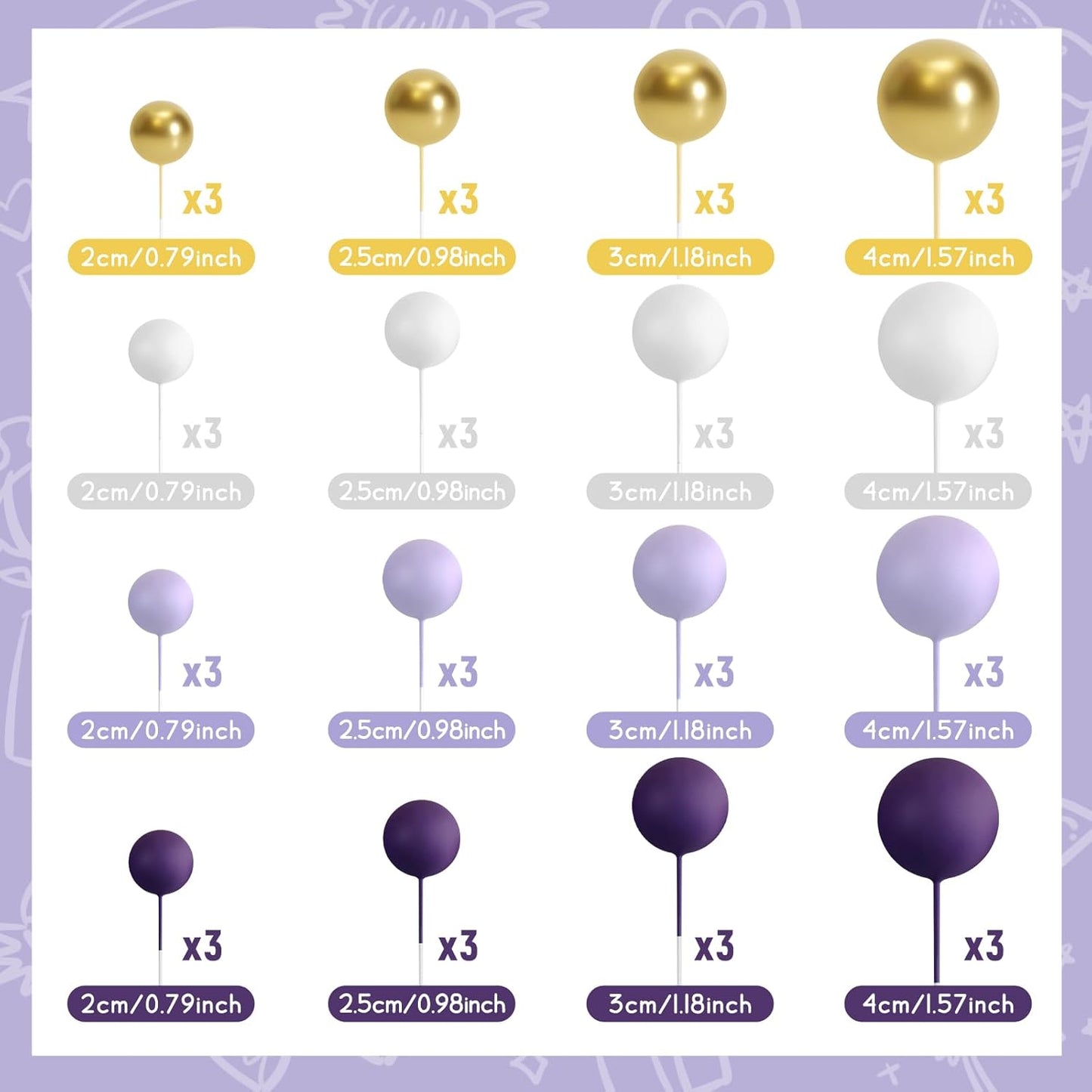 48 Pcs Balls Cake Topper Decorations Balloon Cupcake Toppers Foam Cake Topper Balls Cake Balls Decorations for Birthday Party Wedding Cake Decorating (Purple, Light Purple, White, Gold)