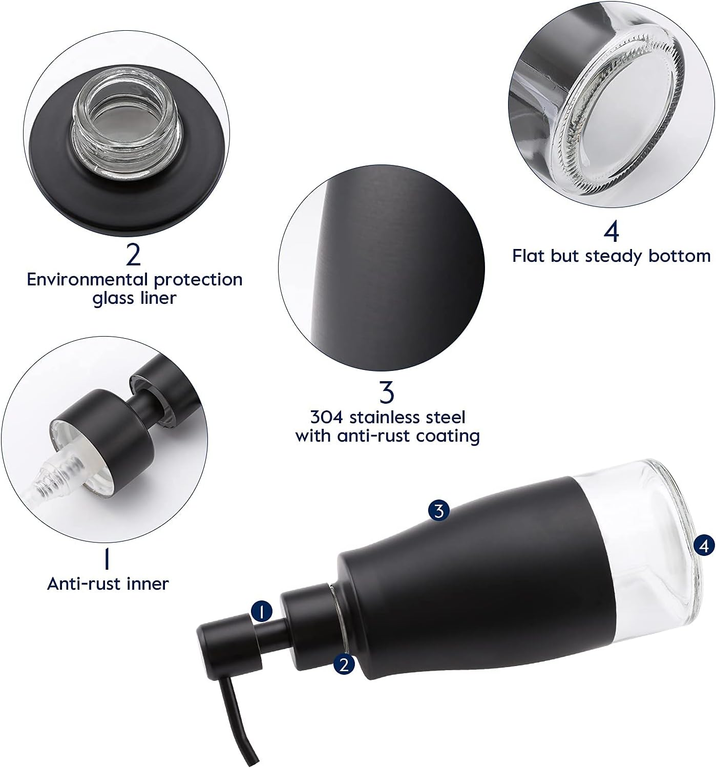 Black Soap Dispenser with Coasterand Stickers, Refillable Liquid Stainless Steel Soap Dispenser for Kitchen Sink, Bathroom Countertop (11OZ / 320ML)